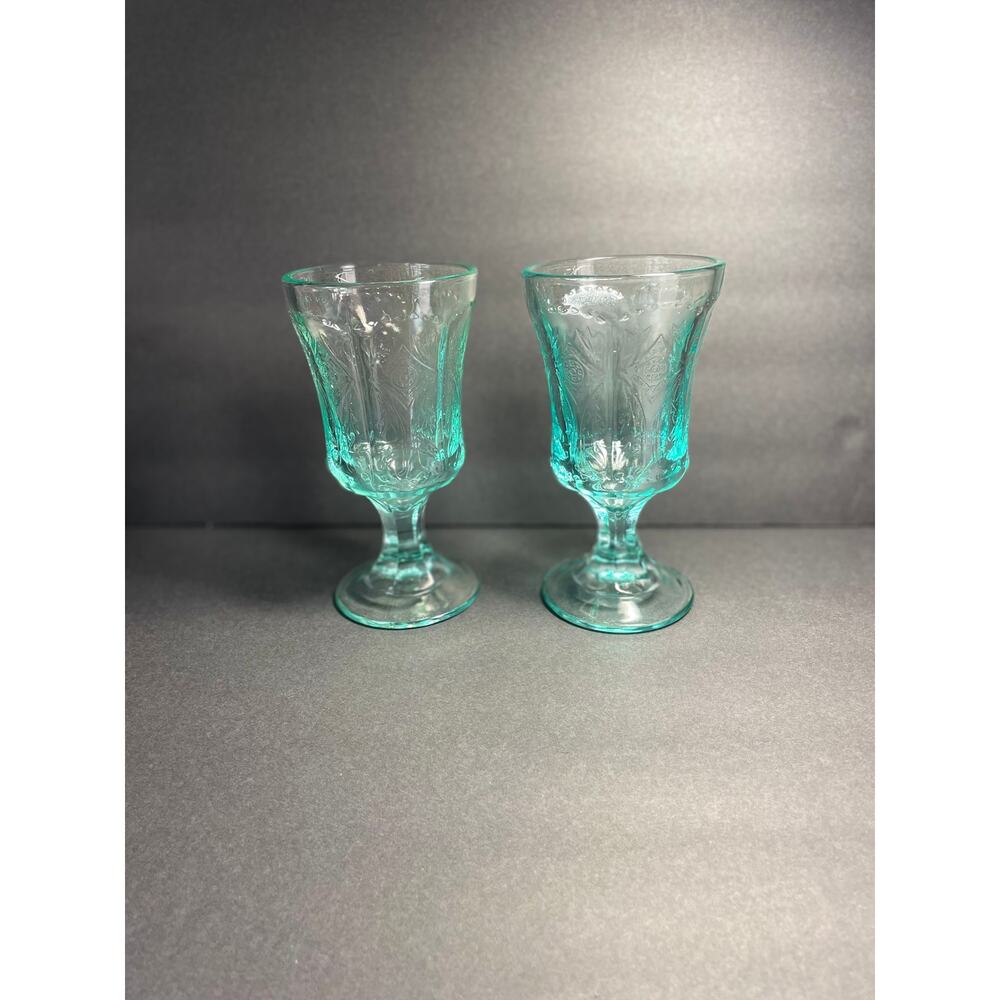 Vintage Indiana Recollection Green Teal Glass Water Goblets US made